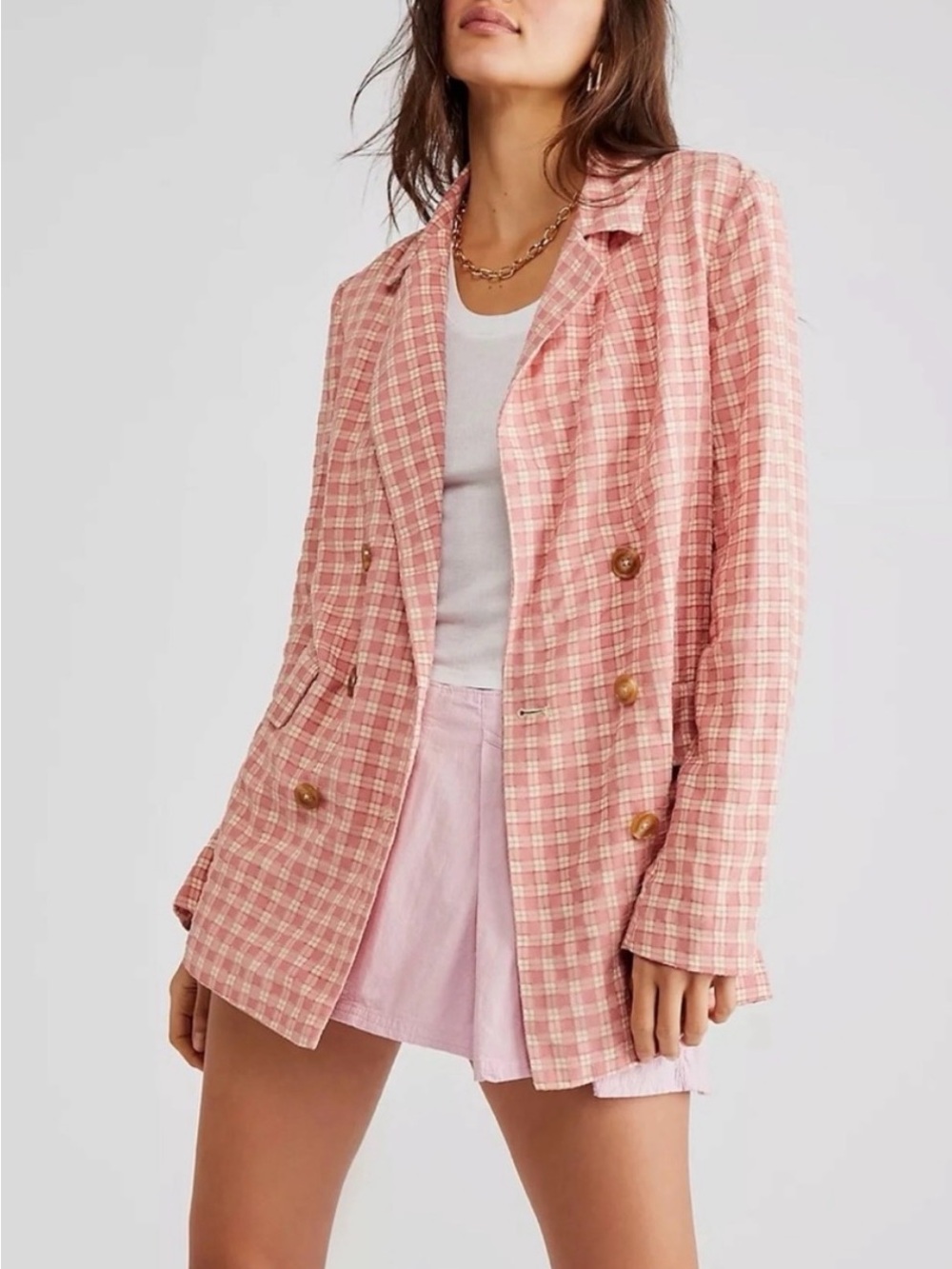 Free People Pink Plaid Double-Breasted Blazer Cottagecore Gingham Belted Small